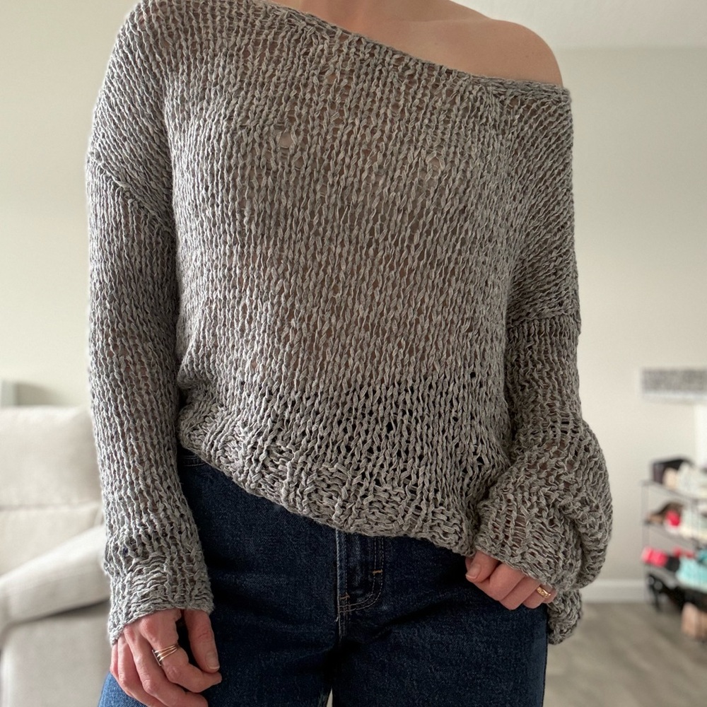 Eileen Fisher Gray Ribbon Knit Sweater, Size S in Light Grey
